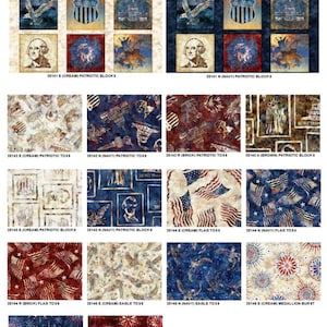 Op de afbeelding: Een verzameling van patriottische stoffen vierkanten met Amerikaanse vlaggen, sterren, adelaars en historische figuren in cr&egrave;me, marineblauw en baksteenrood. De stoffen hebben blokprints en herhalende patronen, geschikt voor quilt- en knutselprojecten.