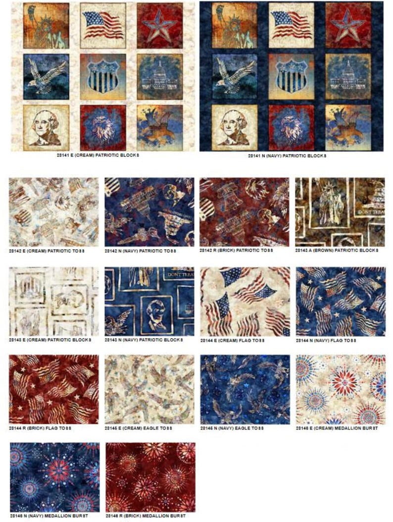 Op de afbeelding: Een verzameling van patriottische stoffen vierkanten met Amerikaanse vlaggen, sterren, adelaars en historische figuren in cr&egrave;me, marineblauw en baksteenrood. De stoffen hebben blokprints en herhalende patronen, geschikt voor quilt- en knutselprojecten.