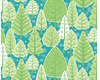 May include: A teal blue fabric with a repeating pattern of green trees. The trees are stylized and have different shapes and sizes. The fabric is perfect for quilting, crafts, and home decor.