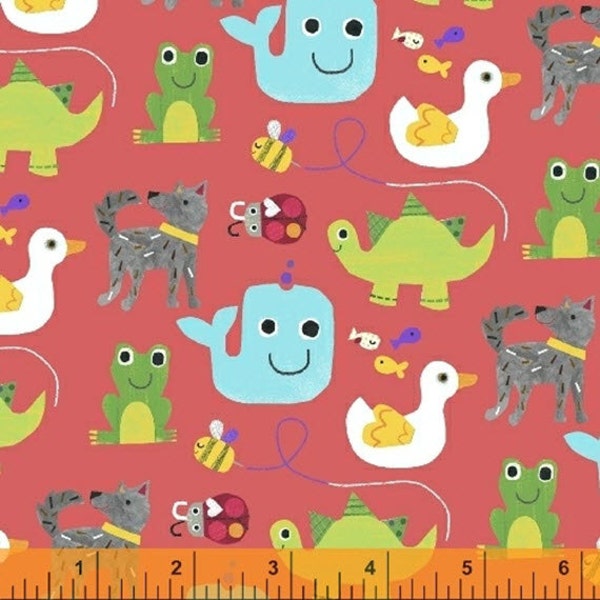 COLOR and COUNT - Animals Only in Coral - Blue Green Learning Cotton Quilt Fabric - by Jill McDonald for Windham Fabrics - 40674-8 (W3635)