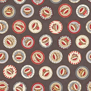 May include: A repeating pattern of circular designs featuring sock monkey faces with various accessories. The circles have red, gray, and beige borders, and the background is a dark brown color. The sock monkeys are wearing hats, bows, and scarves.