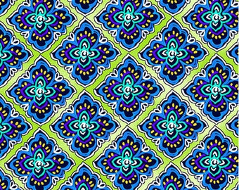 BLUE HORIZON - Foulard Diamonds in Green - Blue Yellow Geometric Cotton Quilt Fabric - Kanvas Studio for Benartex Fabrics - 9963-40 (W7949)