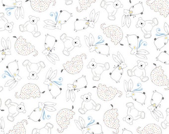 LIL' SWEETIES - Animal Linework in White - Blue Animals Cotton Quilt Fabric - Turnowsky for Quilting Treasures Fabrics - 26837-Z (W5026)