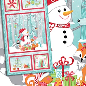 FROST FOREST Panel - Snowman Panel in Turquoise and Red - Cotton Quilt Fabric - by Cherry Guidry for Benartex Fabrics - 4770-84 (W3531)