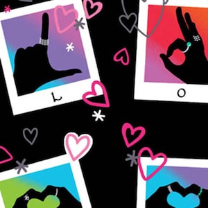 SIGNS OF LOVE in Black - Sign Language Cotton Quilt Fabric - Greta Lynn for Kanvas Studios at Benartex Fabrics - 4869-12 (W3859)