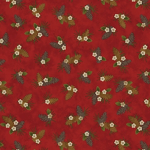 May include: A repeating pattern on a red background featuring brown pinecones, green pine needles, and small white flowers. The design has a rustic, textured appearance, suitable for fabric or wallpaper.