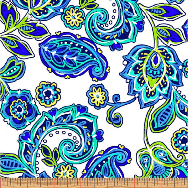 BLUE HORIZON - Jacobean in White - Blue Green Floral Paisley Cotton Quilt Fabric - Kanvas Studio for Benartex Fabrics - 9964-09 (W7950)