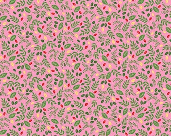 DANDI-LIONS - Leaf Toss in Pink - Green Leaves Floral Cotton Quilt Fabric Blender - Quilting Treasures QT Fabrics - 27214-P (W6324)