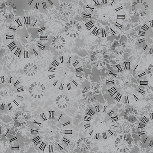 May include: A seamless pattern of repeating vintage clock faces with Roman numerals on a gray background with a distressed texture.