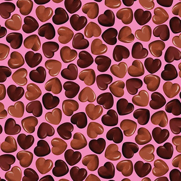 OH FUDGE! - Chocolate Hearts in Pink - Cotton Heart Quilt Fabric - by Maria Kalinowski for Benartex Fabrics - 8355-22 (W3883)