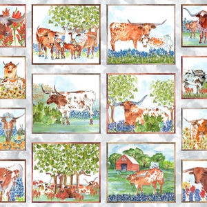 May include: A fabric panel featuring watercolor paintings of Texas Longhorn cattle in various scenes. The artwork includes Longhorns in fields of bluebonnets, near barns, and under trees. The color palette is dominated by browns, whites, greens, and blues.