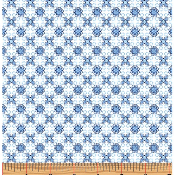 GABRIELLE - Foulard in Blue / White - Floral Check Geometric Cotton Quilt Fabric - by Dover Hill for Benartex Fabrics - 4224-51 (W6030)