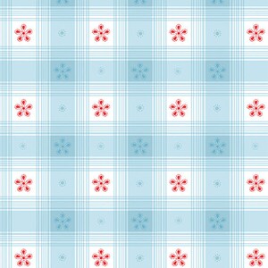 May include: A seamless pattern of red and blue flowers on a light blue and white checkered background.