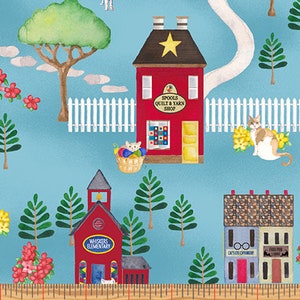 KITTY CITY - City Scenic in Blue - Cotton Cat Town Fabric - Quilt Shop School Kitties - Andi Metz for Benartex Fabrics - 12465-50 (W7962)