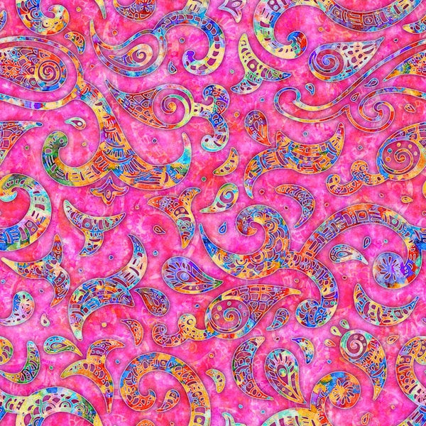 BRILLIANCE - Paisley Swirl in Pink - Green Blue Cotton Quilt Fabric - Dan Morris - Quilting Treasures QT Fabrics  28324-P (W8396)