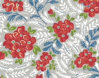 HAZEL - Large Floral in Grey Gray - Red Blue Green Flower Cotton Quilt Fabric - Cluck Cluck Sew for Windham Fabrics - 40836-3 (W3405)