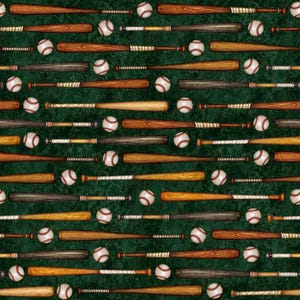 BASES LOADED - Bats and Baseballs in Forest - Green Baseball Cotton Quilt Fabric - Morris Creative Group for QT Fabrics - 30347-F (W9064)