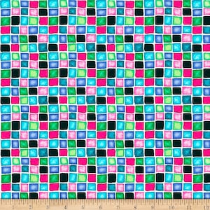 May include: A seamless pattern of colorful squares in shades of pink, blue, green, and black. The squares are arranged in a staggered pattern on a white background.