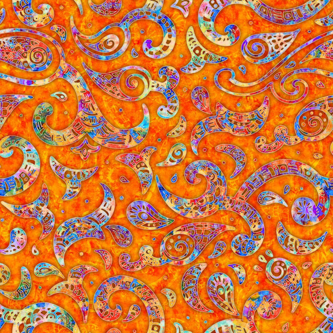 BRILLIANCE Paisley Swirl in Orange Green Blue Cotton Quilt Fabric Dan Morris Quilting Treasures