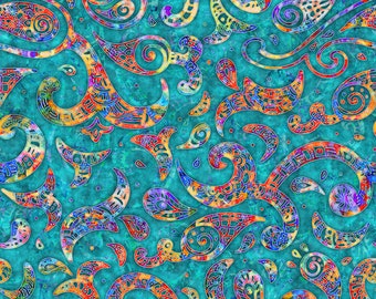 BRILLIANCE - Paisley Swirl in Teal - Green Blue Orange Cotton Quilt Fabric - Dan Morris - Quilting Treasures QT Fabrics  28324-Q (W8397)