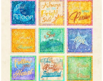 DREAM BIG - Inspirational Quotes Patches Panel in Cream - 36&quot; x 43&quot; - Cotton Quilt Fabric - Dan Morris for QT Fabrics - 27572-E W7344