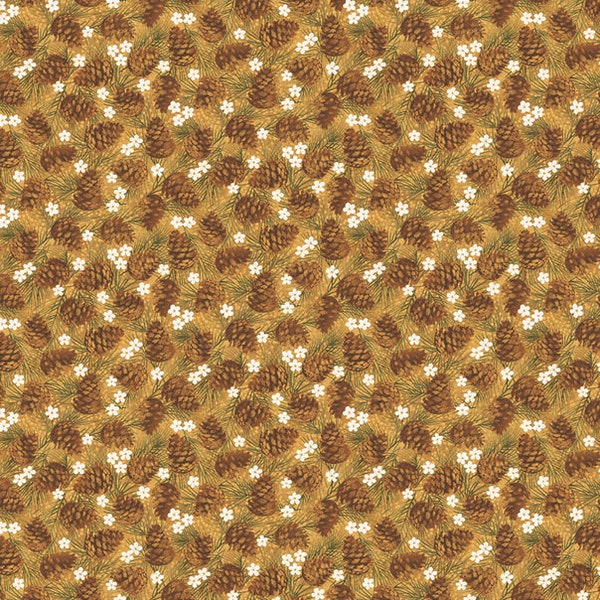 WINTER WONDERLAND - Pine Cones in Gold - Fall Autumn Thanksgiving - Brown Green Cotton Quilt Fabric - Benartex Fabrics - 4653-33 (W7847)