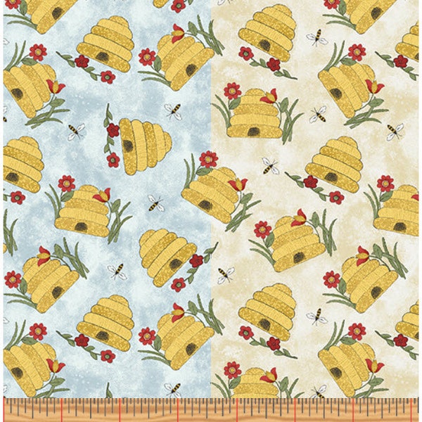 COLORFUL CATS Bee Skep with Bees in Sky or Vanilla - Cotton Quilt Fabric - Cheryl Haynes - Benartex Fabrics - W8540 W8541 10223-50 10223-71