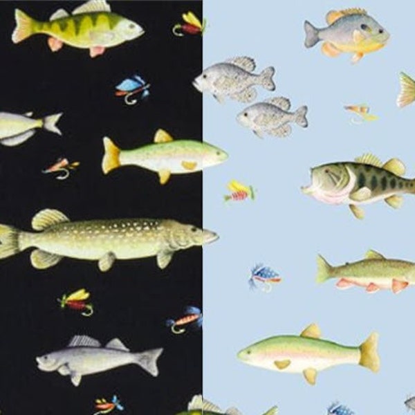 KEEP IT REEL Go Fish en azul claro o negro - Tejido de algodón para colcha de pesca - de Andi Metz para Benartex Fabrics - W8497 W8498 7929-05 7929-12