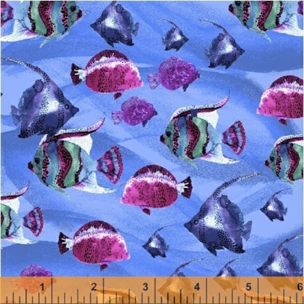 Aquatic - Fish in Blue - Green Sea Life - Cotton Quilt Fabric - by Whistler Studios for Windham Fabrics - 41489-1 (W4246)