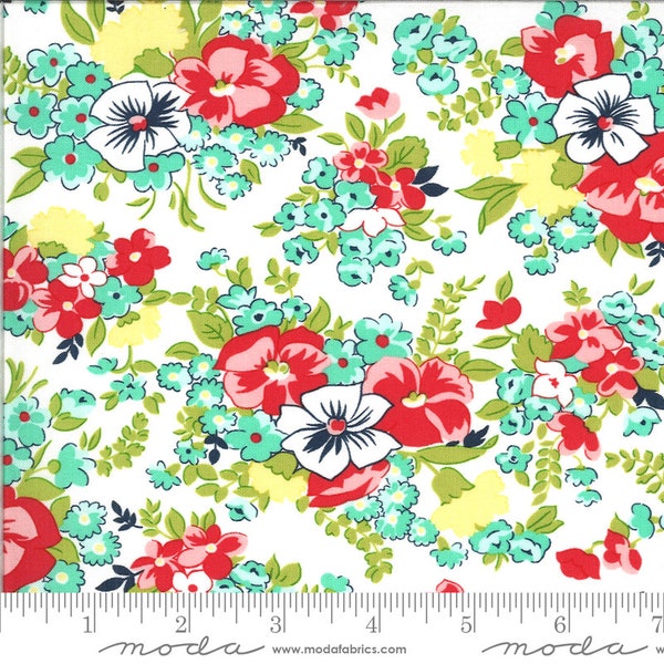 SHINE ON - Meadow in White - Aqua Red Blue Green Bright Floral Cotton Quilt Fabric - by Bonnie & Camille for Moda Fabrics - 55213-20 (W7215)