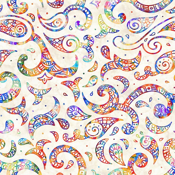 BRILLIANCE - Paisley Swirl in Cream - Green Orange Cotton Quilt Fabric - Dan Morris - Quilting Treasures QT Fabrics  28324-E (W8393)