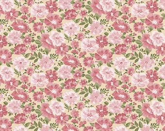 1-1/2 Yard Remnant ABIGAIL - Grace in Red / Tan - Beautiful Pink Floral Cotton Quilt Fabric - Flowers - Benartex Fabrics - 3108-20 (W4584)