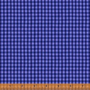 May include: A blue and purple gingham fabric with a white ruler for scale. The fabric has a small checkered pattern.