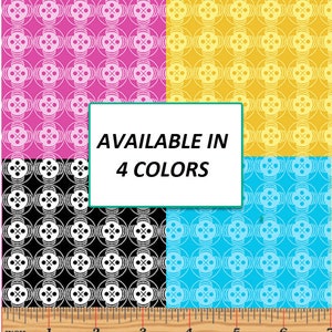 May include: Four fabric swatches with a repeating geometric pattern in pink, yellow, black, and blue. The text "AVAILABLE IN 4 COLORS" is printed on a white rectangle.