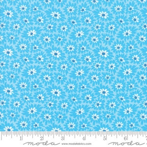 May include: A blue fabric with a white floral pattern. The fabric is a repeating pattern of small white flowers with blue centers. The fabric is a light blue color.