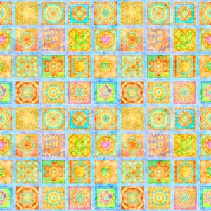 May include: A colorful patchwork quilt design with a variety of geometric shapes and patterns in shades of yellow, orange, blue, green, and pink.