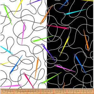 May include: A white and black fabric with a repeating pattern of colorful needles and thread. The fabric is divided in half, with the left side being white and the right side being black. The needles and thread are in various colors, including red, orange, yellow, green, blue, and purple.