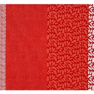May include: Red fabric with four different patterns. The first pattern is a white geometric design. The second pattern is a solid red. The third pattern is a red background with white leaf shapes. The fourth pattern is a red background with white feather shapes.