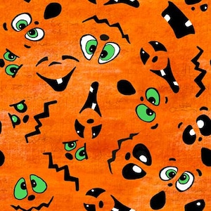 SPOOKTACULAR - Face Toss in Orange - Yellow Black Eyes Cotton Quilt Fabric Blender - Desiree Designs for QT Fabrics - 30315-O (W9089)