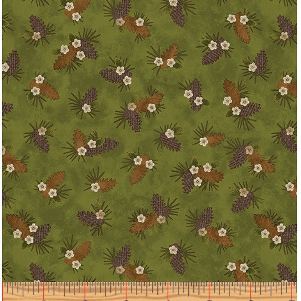 ANOTHER MOOSE is LOOSE - Pine Bough in Green - Brown Pine Cones Cotton Quilt Fabric - Cheryl Haynes - Benartex Fabrics - 9612-44 (W7564)