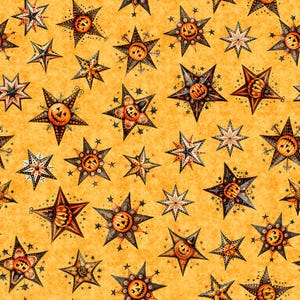 May include: A repeating pattern of Halloween-themed stars on a yellow background. The stars feature jack-o'-lantern faces and intricate designs in orange, black, and cream. Smaller stars are scattered throughout the design.