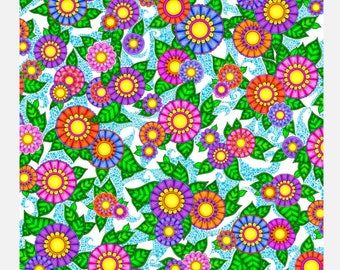 May include: A colourful floral pattern featuring bright pink, yellow, orange, and purple flowers on a white background. The flowers are surrounded by green leaves and blue swirls.