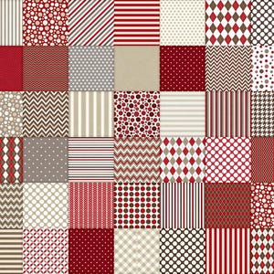 May include: A collection of 42 patterned squares in various designs. Patterns include stripes, polka dots, chevrons, and diamond shapes. Colors are primarily red, white, brown, and beige. Ideal for crafting or design projects.