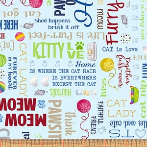 KITTY CITY - Words in Light Blue - Cotton Cat Town Fabric - Crazy Cat Lady Meow Purr - Andi Metz for Benartex Fabrics - 12468-05 (W7965)