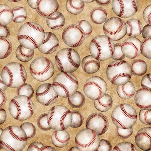BASES LOADED - Tossed Baseballs in Tan - Baseball Cotton Quilt Fabric Blender - Morris Creative Group for QT Fabrics - 30346-A (W9083)
