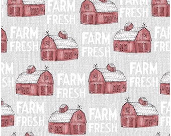 May include: A white fabric with a repeating pattern of red barns and the text "Farm Fresh". A ruler is shown at the bottom of the image with inches marked.
