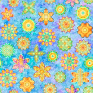 May include: A seamless pattern featuring a variety of colorful, abstract floral designs on a light blue background. The flowers are in shades of yellow, orange, green, and purple.