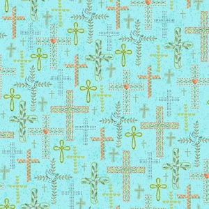 May include: A repeating pattern of crosses and doves on a light blue background. The crosses are in various styles, including dotted, floral, and geometric designs, with accents of orange, green, and yellow. Doves are perched on some crosses.