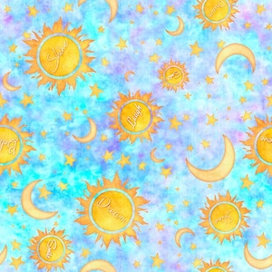 May include: A seamless pattern featuring watercolor suns and moons on a blue and purple background. The suns and moons have words written on them, including "Shine", "Dream", "Laugh", and "Smile".