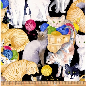 KITTY CITY - Stacked Cats in Black - Cute Kitty Cat Cotton Quilt Fabric - Andi Metz for Benartex Fabrics - 12471-12 (W8429)
